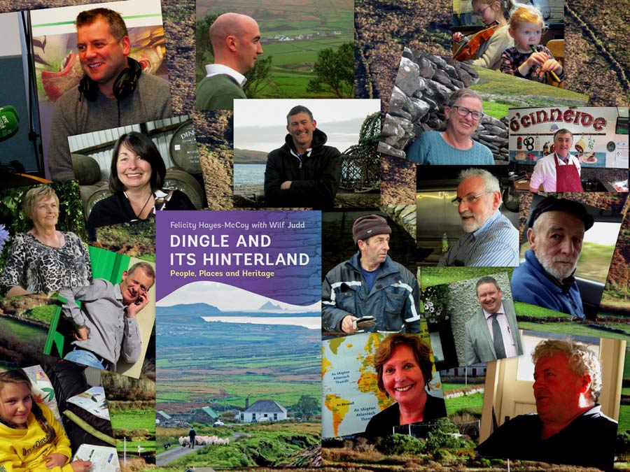 Image of book cover and a collage of interviewees for author Felicity Hayes-McCoy and Wilf Judd's guide book Dingle And Its Hinterland: People Places and Heritage