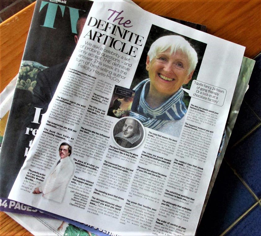 Image of a copy of the Irish Daily Mail magazine, showing an interview and photo of Felicity Hayes-McCoy, Irish author of the bestselling Finfarran novels