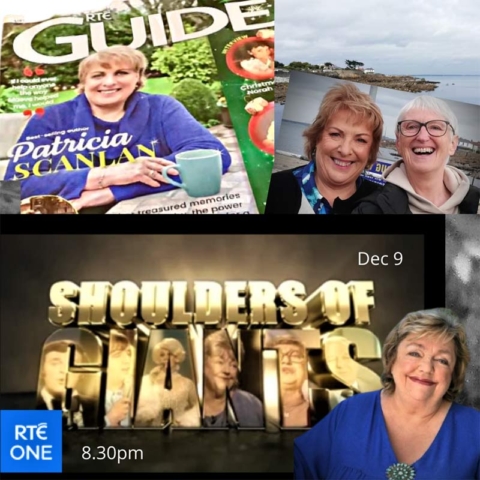 A collage of images showing Irish author of the Finfarran novels, Felicity Hayes-McCoy, filming a national TV tribute to Maeve Binchy, with author Patricia Scanlan, 2021