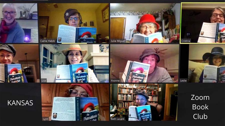 Screenshot showing the launch of HarperCollins' US/Canadian edition of Irish author Felicity Hayes-McCoy's Finfarran novel The Transatlantic Book Club, which took place as a Zoom meeting of a bookclub in Kansas, USA. Image shows the author as well as member of the Kansas club who are wearing outfits that echo the book's cover image of a girl in a red beret.