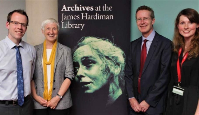 Photo taken at NUI Galway's James Hardiman Library, where Felicity Hayes-McCoy, author of the Finfarran novels, lectured on Ireland's Culture Night, 2013. Image (l to r) shows Barry Houlihan, Archivist,  Felicity Hayes-McCoy, John Cox, University Librarian, Aisling Keane, Digital Archivist, in front of an exhibition poster